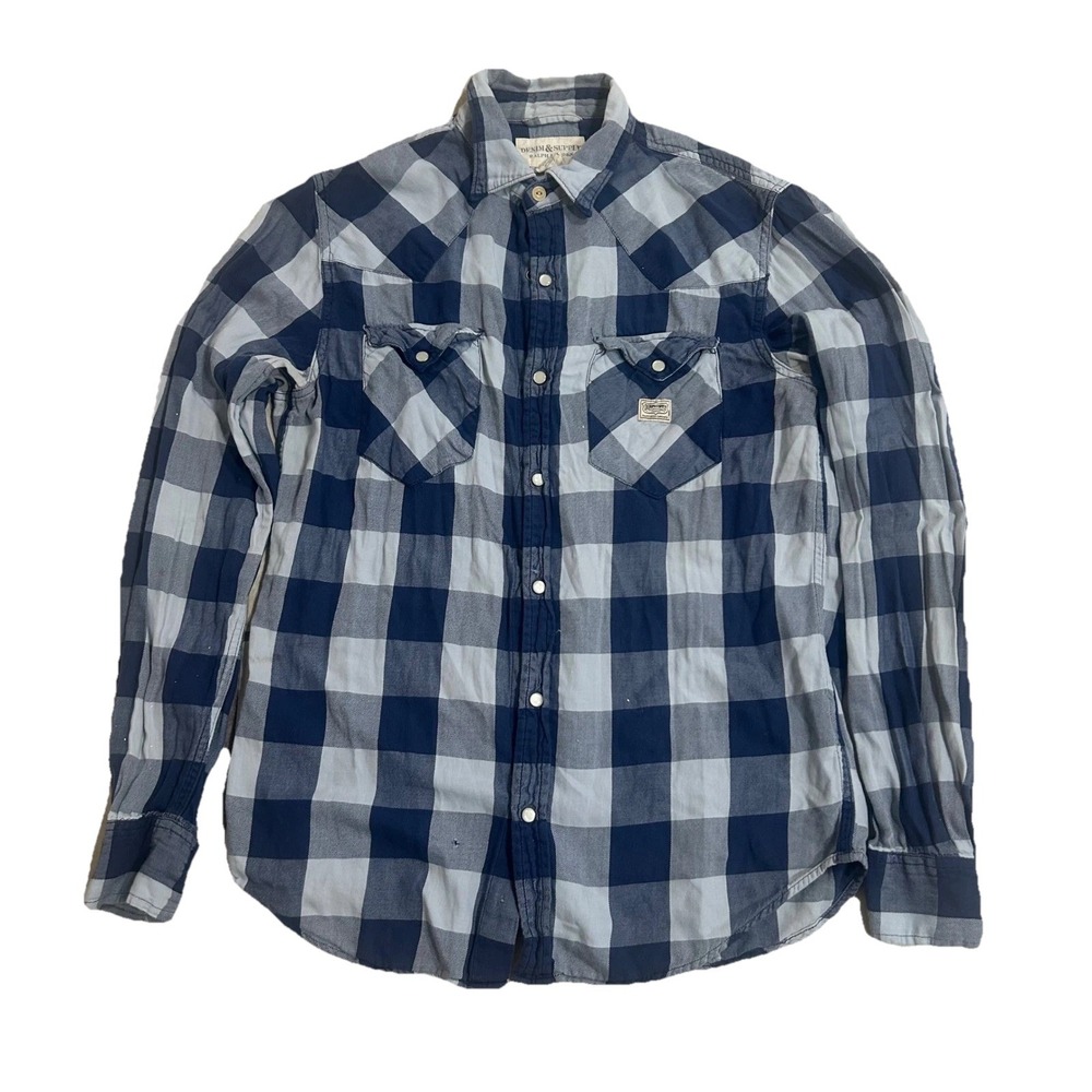 Denim & Supply Ralph Lauren Mens Blue Buffalo Plaid Western Pearl Snap Shirt M